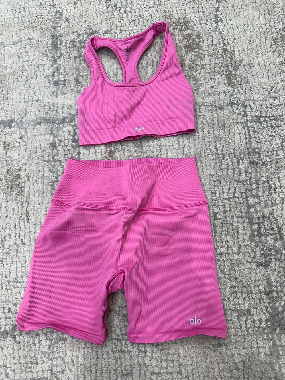 ALO Yoga Kids Bright Pink Ribbed Bike Shorts with Matching Racerback Bra